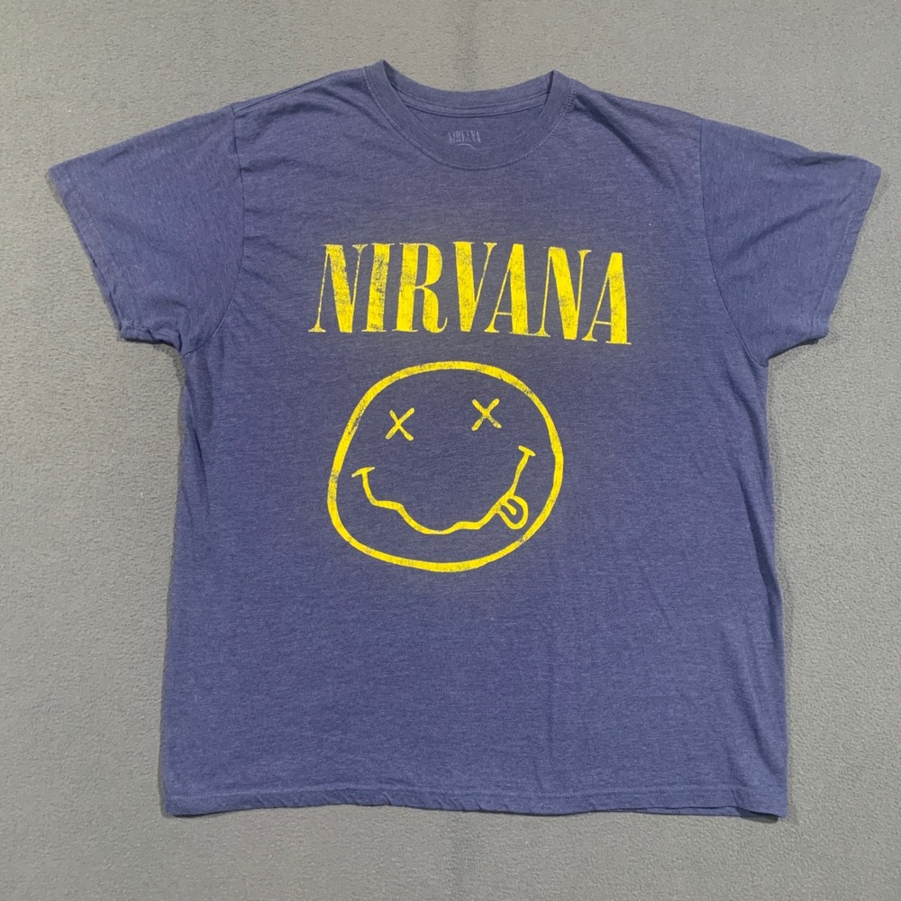 Nirvana Graphic T-Shirt Mens XL Purple Short Sleeve Smiley Face Band Tee Rock